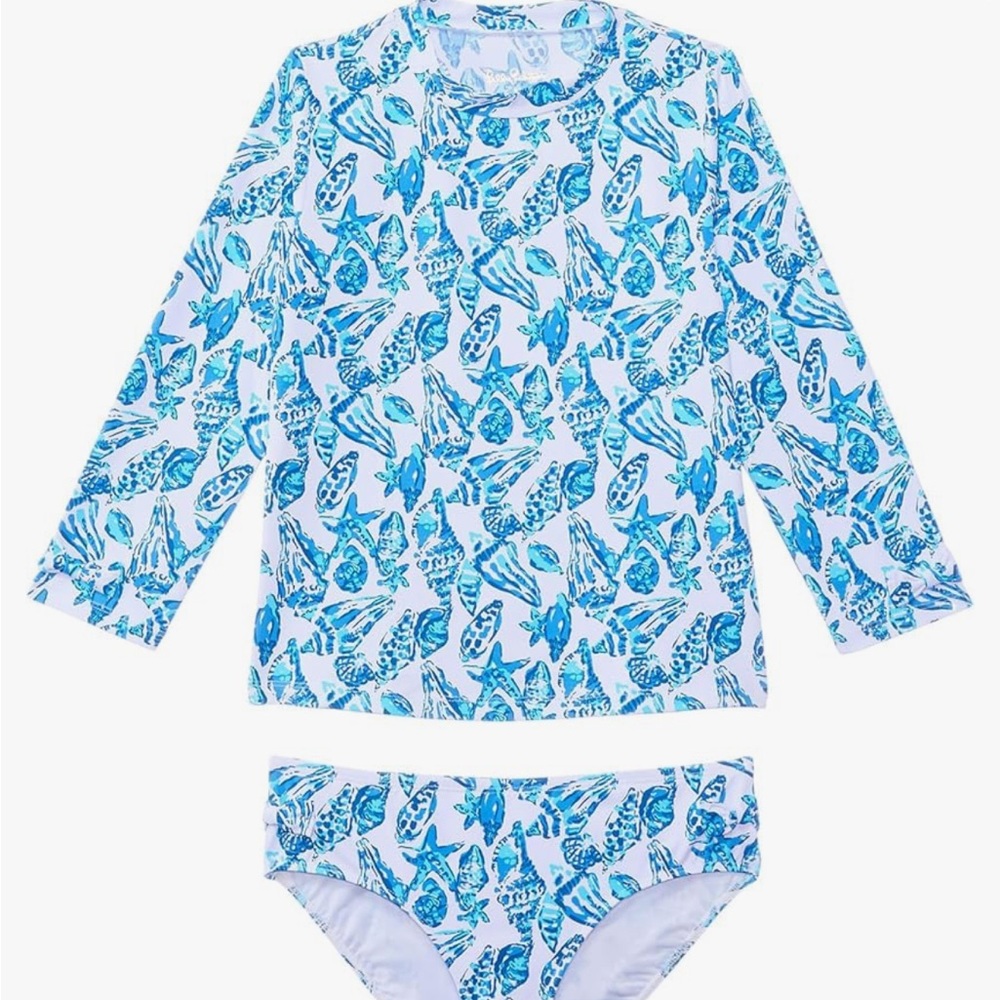 Lilly Pulitzer Girls Rander Rashguard Set Size 5 Sea shell Aqua UPF 50